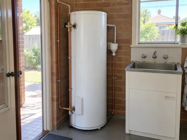 New hot water system beside a laundry sink in a brick interior in Carrington